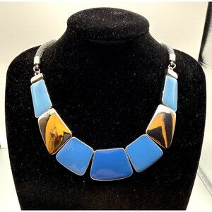 Blue & Silver Geometric Statement Necklace Chunky Modern Panels
